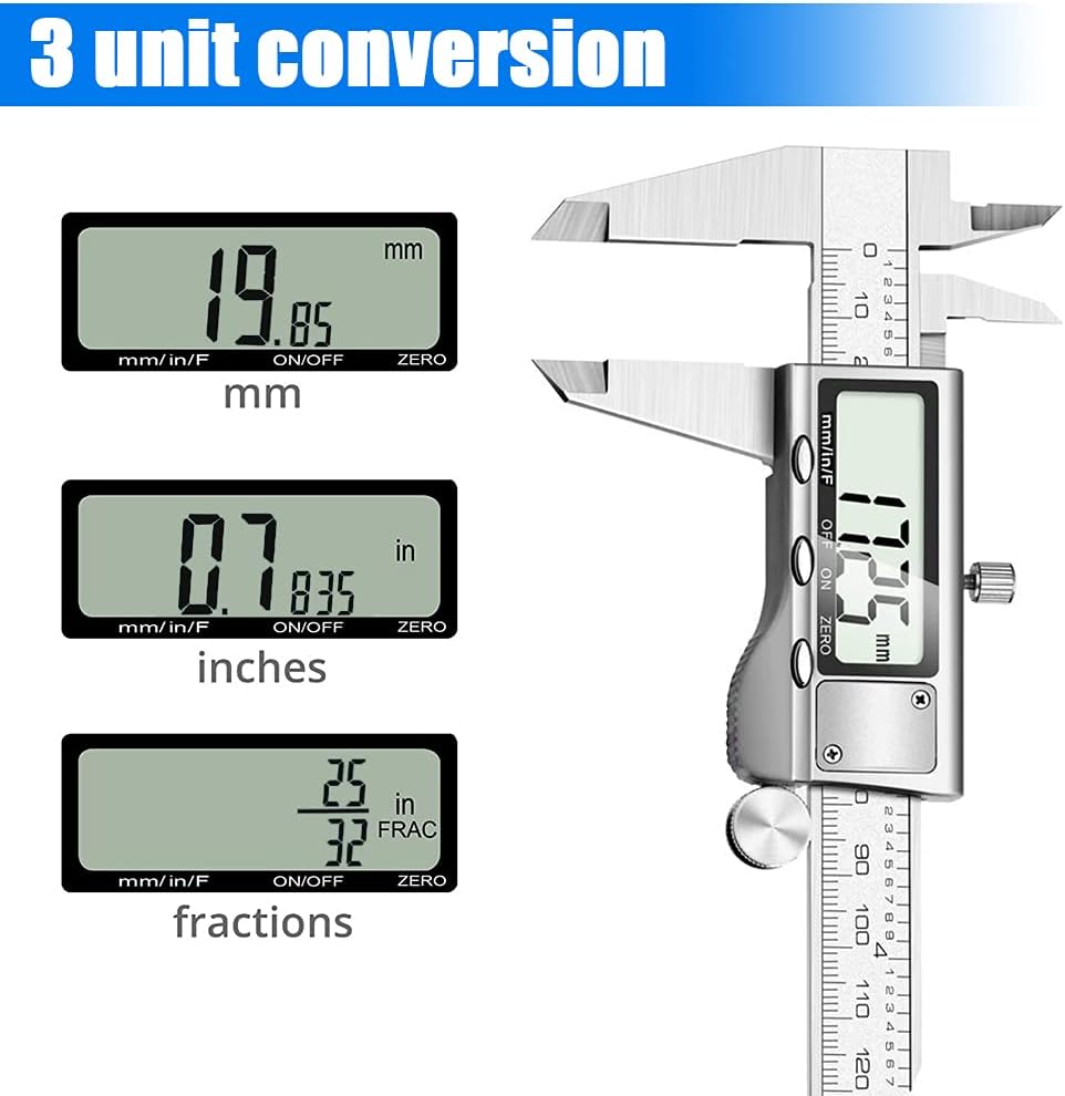 Digital Vernier Caliper 6", Stainless Steel, LCD Screen, Inch/Metric
