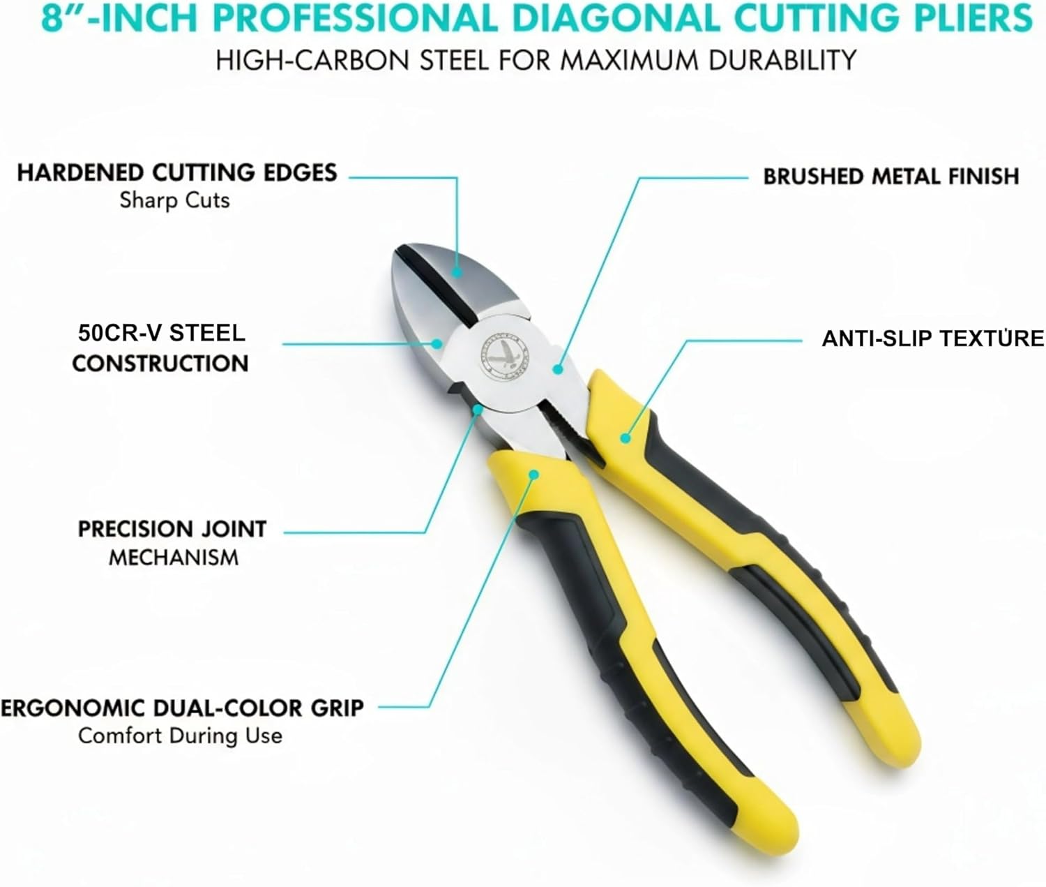 8" Heavy Duty Diagonal Cutting Pliers, Hardened 50CrV Steel