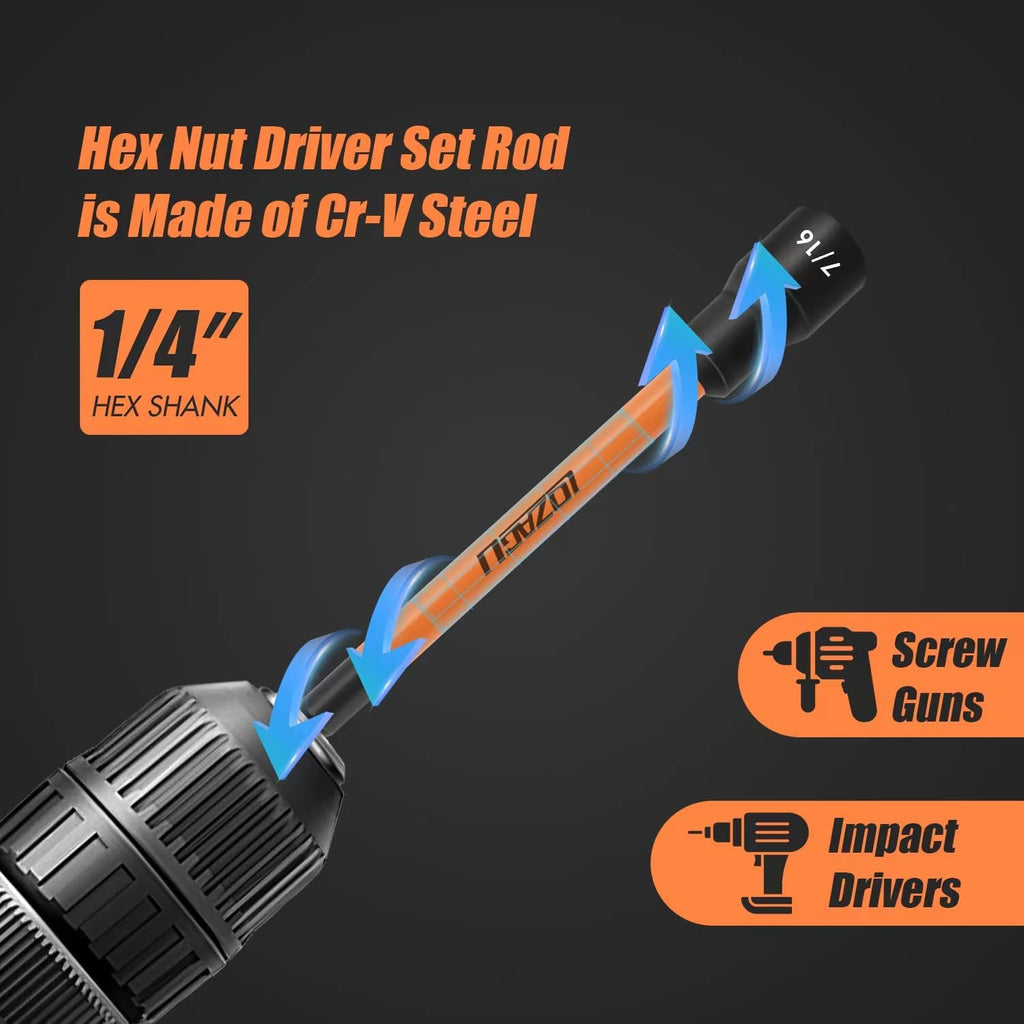 16 Piece Long Magnetic Nut Driver Set 6 Inch SAE Metric Impact Ready