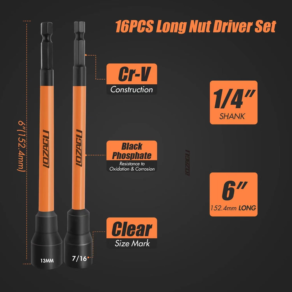 16 Piece Long Magnetic Nut Driver Set 6 Inch SAE Metric Impact Ready