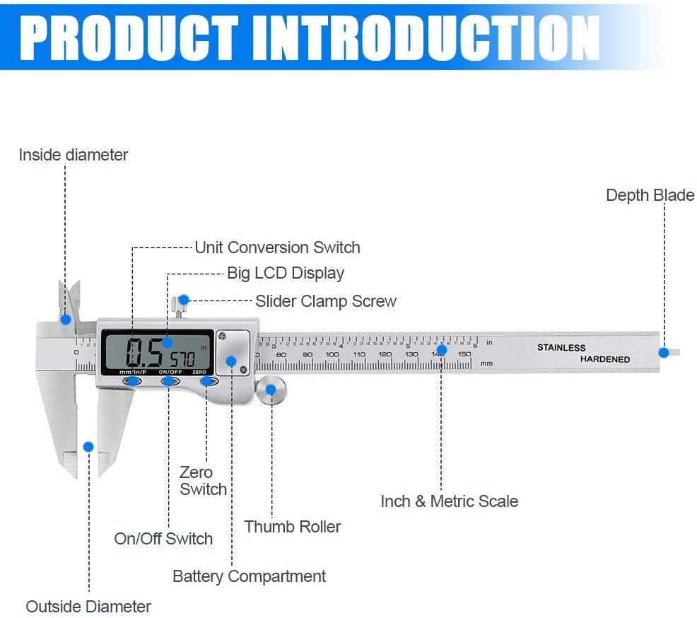 Digital Vernier Caliper 6", Stainless Steel, LCD Screen, Inch/Metric
