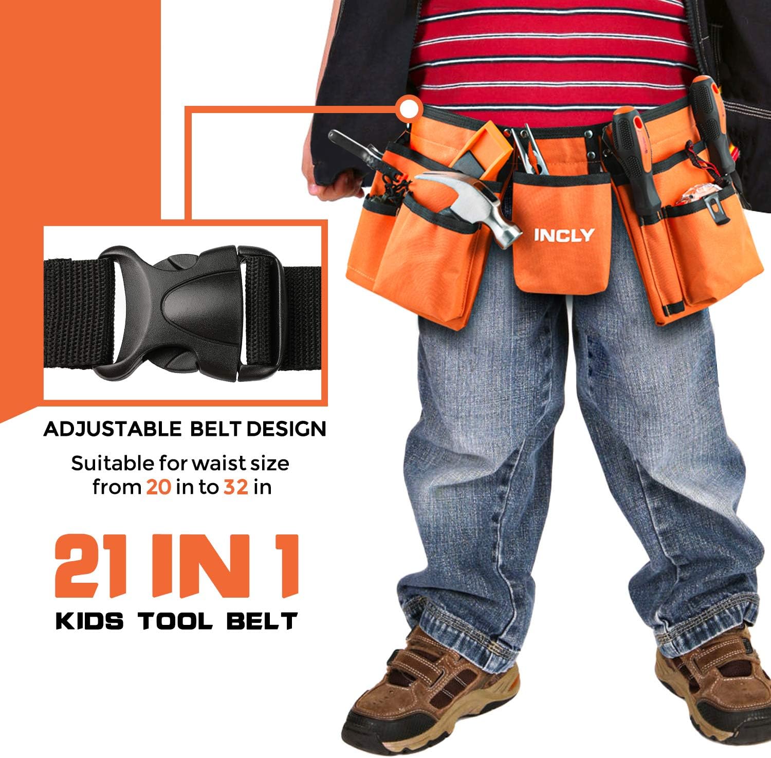 INCLY 18 Piece Real Tool Set with Reinforced Belt Adjustable Waist Learning Kit