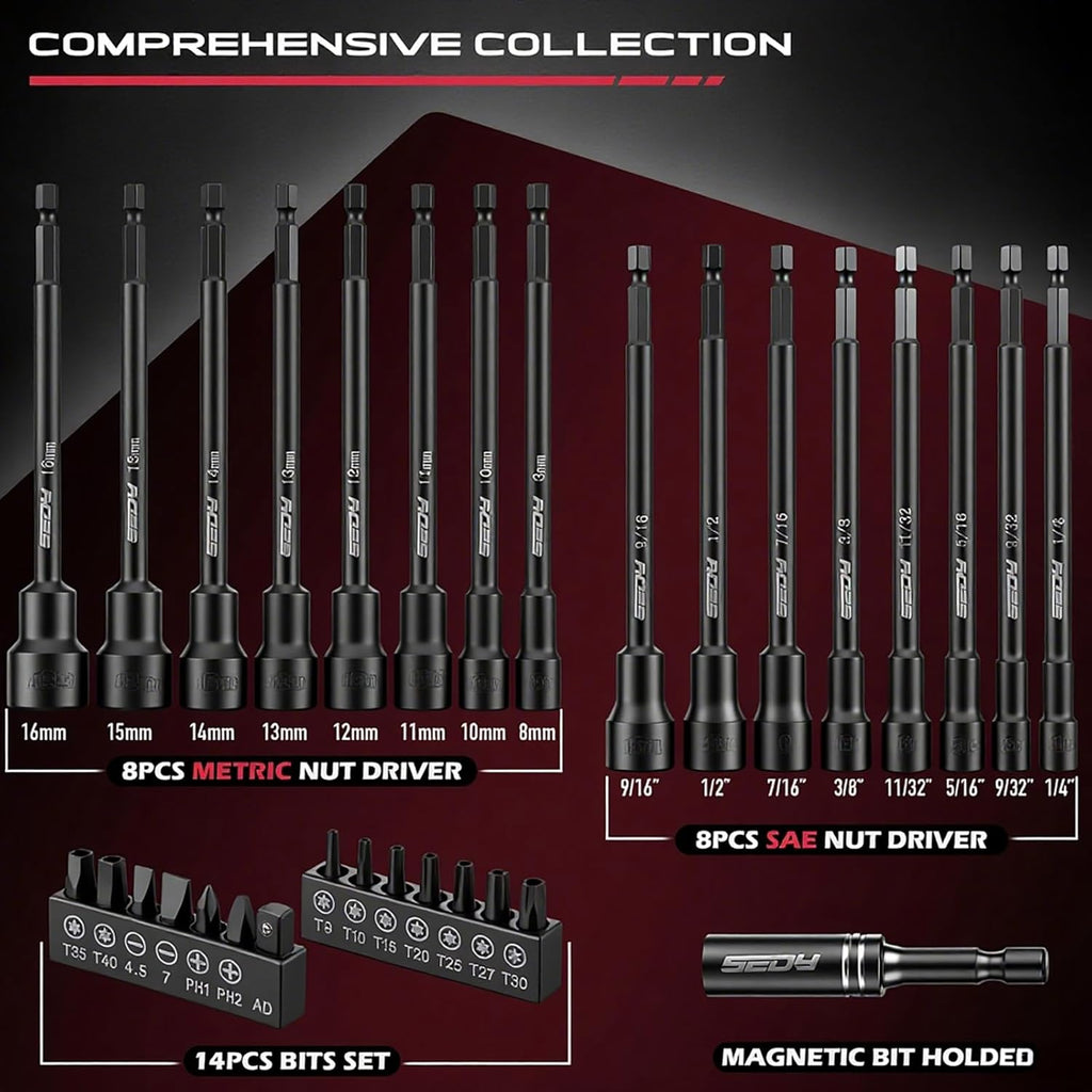 31-Piece Magnetic Nut Driver Impact Bit Set, SAE/Metric