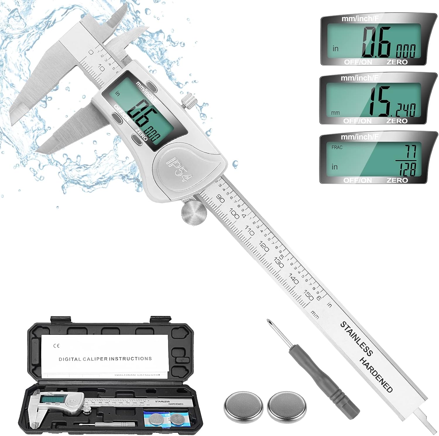 Digital Vernier Caliper 6", Stainless Steel, LCD Screen, Inch/Metric