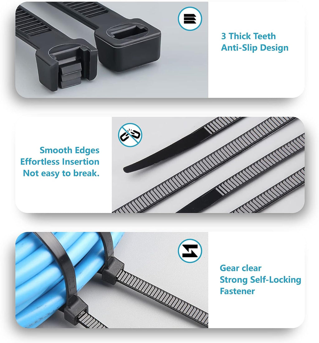 400 Pack Zip Ties Assorted Sizes Black UV Resistant Durable Cable Ties