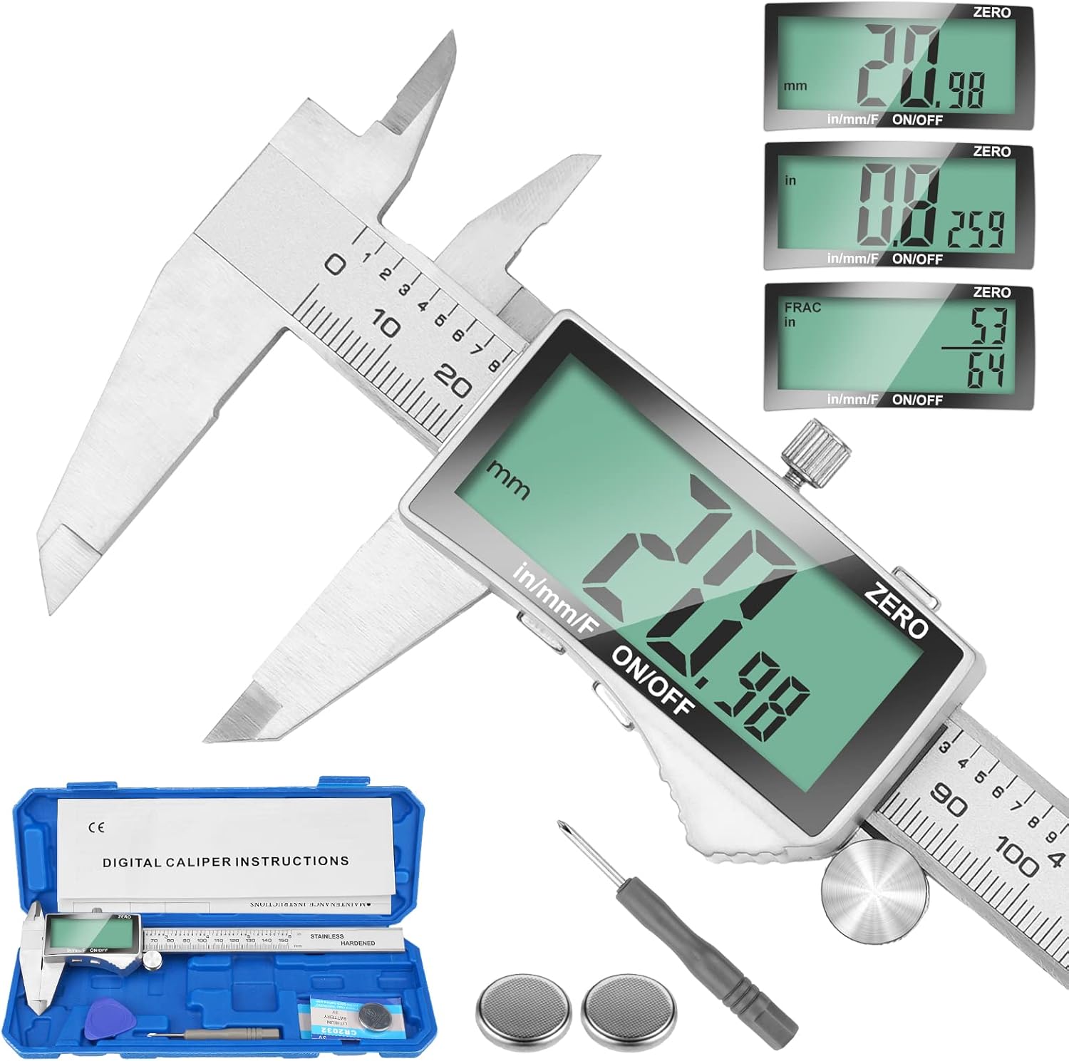 Digital Vernier Caliper 6", Stainless Steel, LCD Screen, Inch/Metric