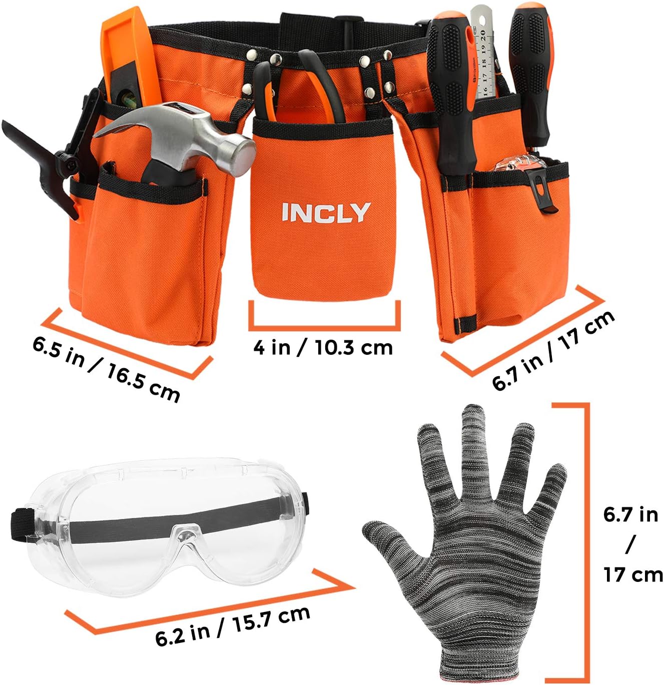 INCLY 18 Piece Real Tool Set with Reinforced Belt Adjustable Waist Learning Kit