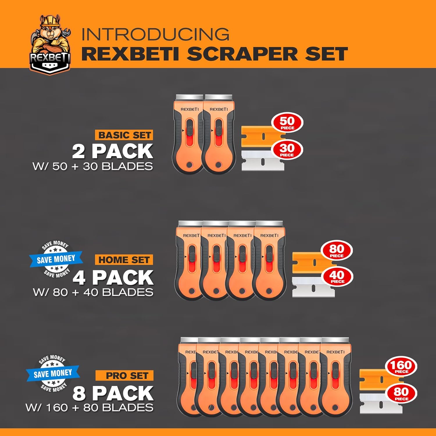 REXBETI Razor Scraper Tool 2-Pack with 80 Extra Blades