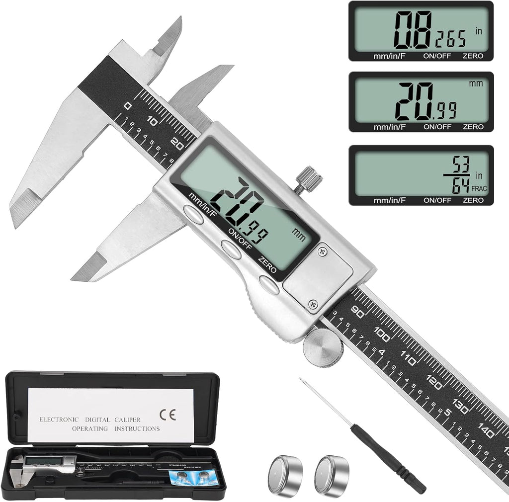 Digital Vernier Caliper 6", Stainless Steel, LCD Screen, Inch/Metric
