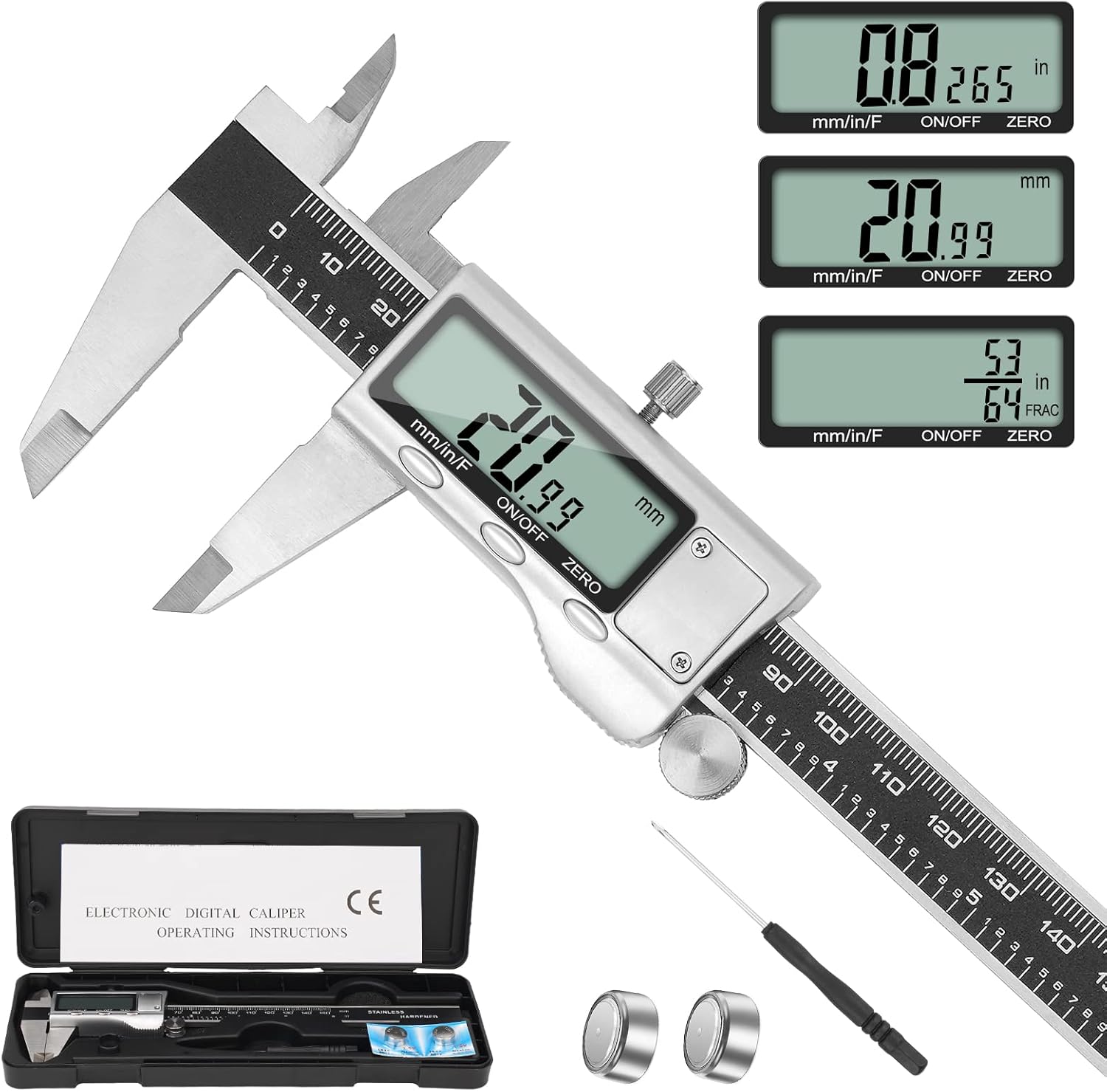 Digital Vernier Caliper 6", Stainless Steel, LCD Screen, Inch/Metric
