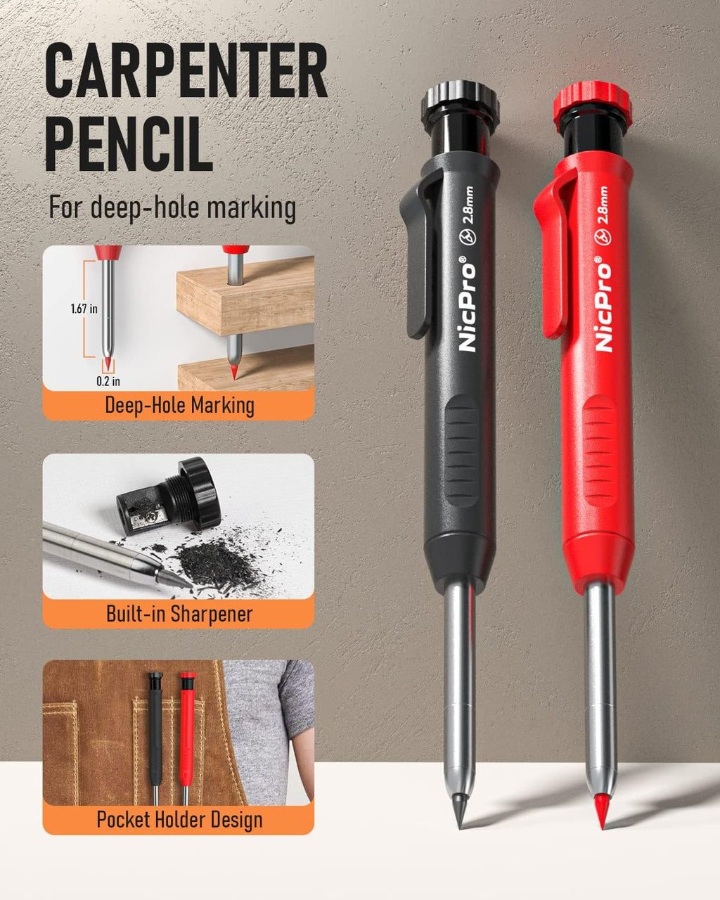 NicPro Carpenter Pencil Set with Sharpener and 26 Refills Heavy Duty Marker