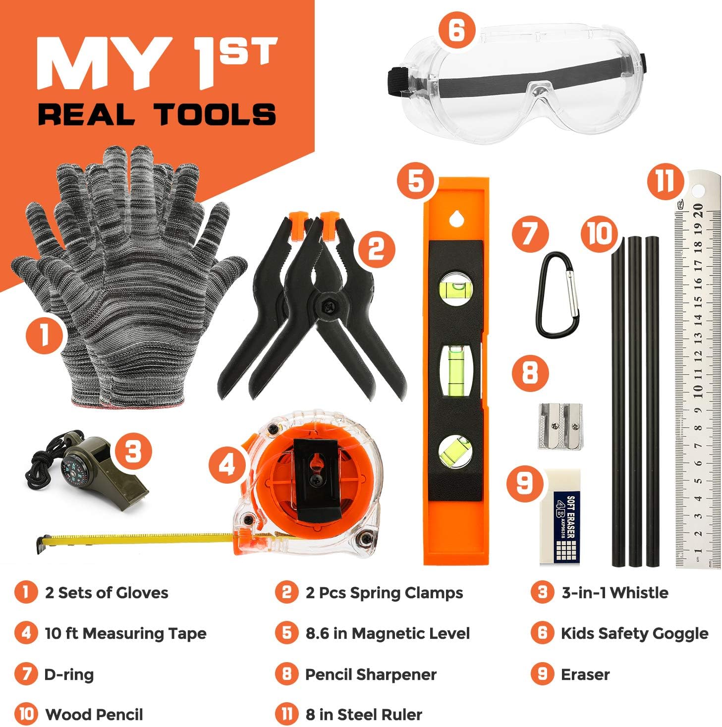 INCLY 18 Piece Real Tool Set with Reinforced Belt Adjustable Waist Learning Kit