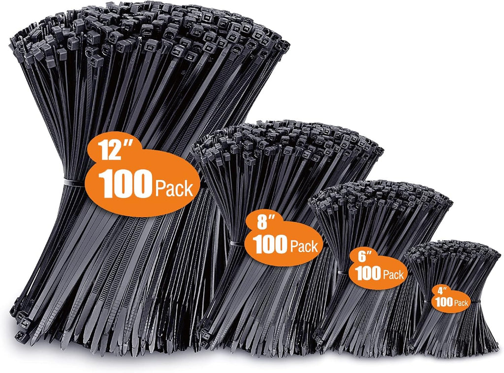 400 Pack Zip Ties Assorted Sizes Black UV Resistant Durable Cable Ties