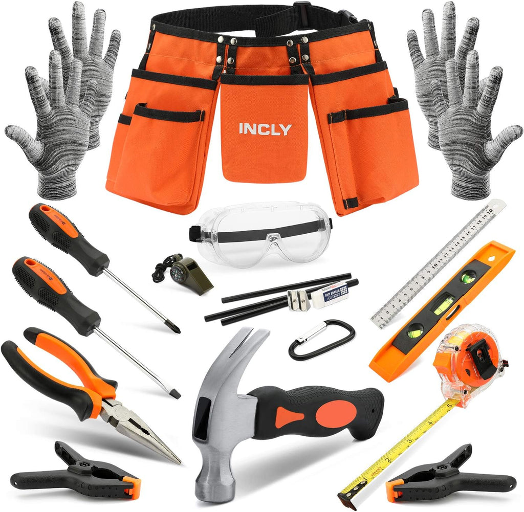 INCLY 18 Piece Real Tool Set with Reinforced Belt Adjustable Waist Learning Kit